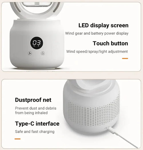 LumiBreeze - Bladeless USB Spray Mist Electric Fan & Air Humidifier (Rechargeable, Tabletop)
